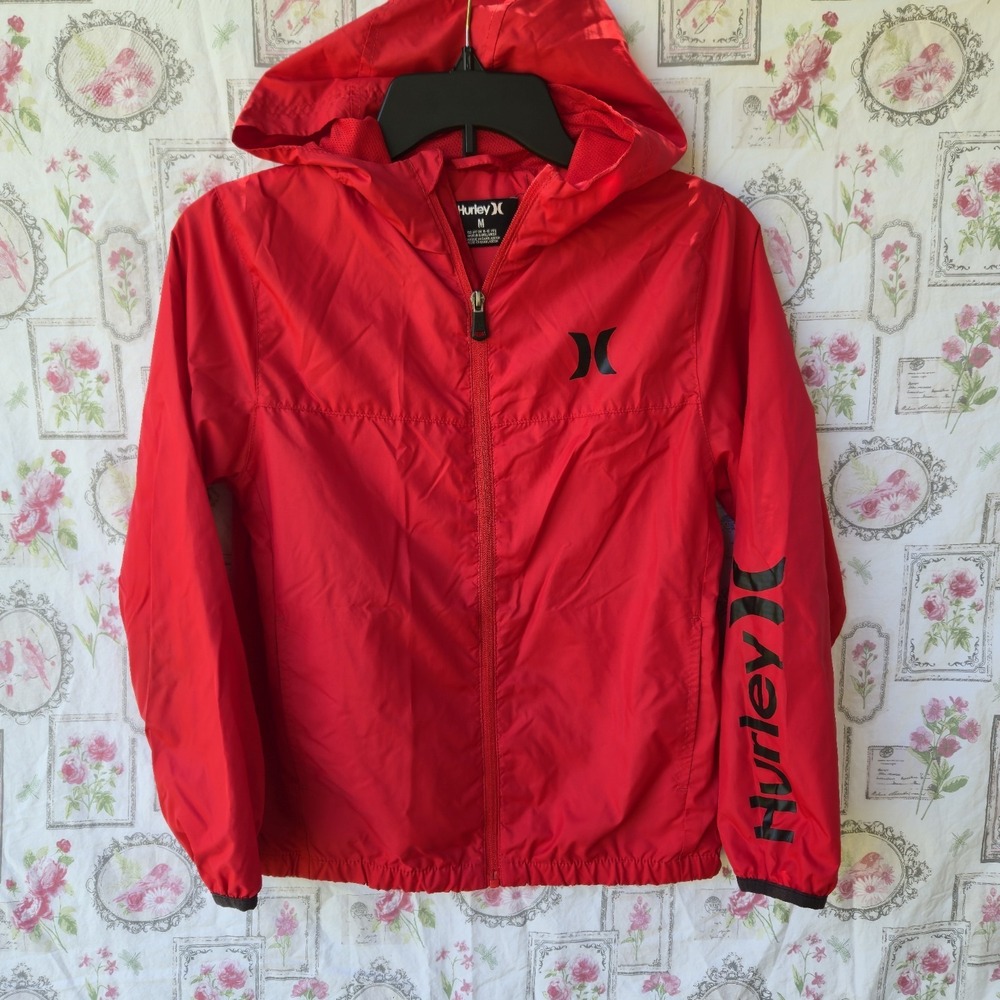 Hurley Boys Red Windbreaker Jacket Size Medium M 10-12 Full Zip Hooded Core Coat